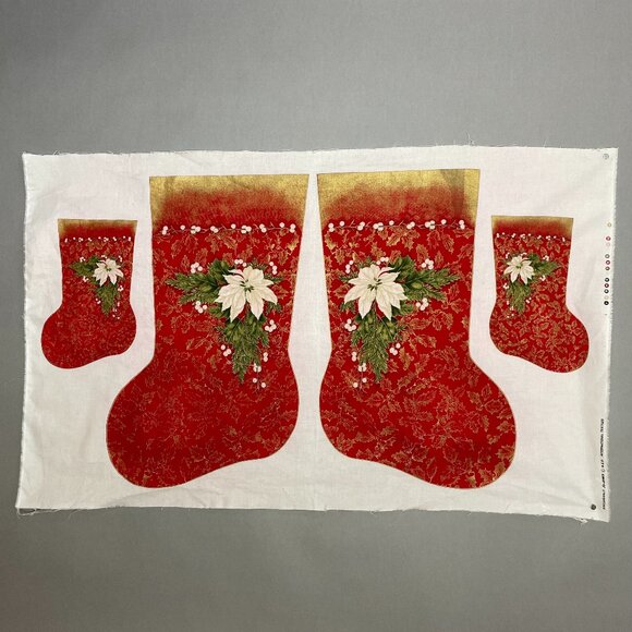 Vintage Cut and Sew Christmas Stockings Red Poinsettia Flower Gold Holly #K1 - Picture 1 of 11